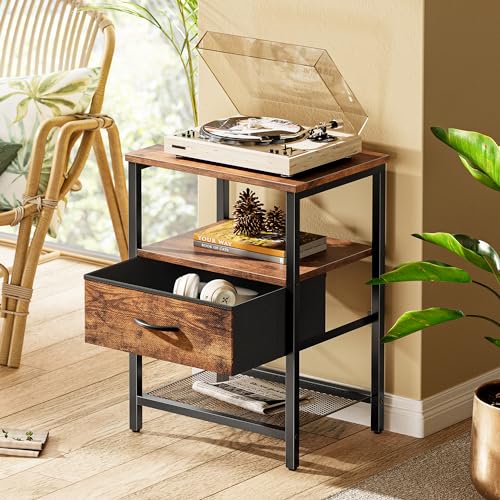 Huuger Nightstand Set of 2, Night Stand with Fabric Drawer, Mesh Shelf, Side Table with Storage, Fabric Drawer Dresser, Open Shelf, Metal Frame, Bedroom, Rustic Brown - color: Rustic Brown