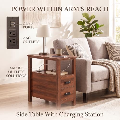 Narrow Nightstand with Charging Station, 24.4" H Slim Side Table with 2 Drawers, Bedside Table for Small Spaces, Modern End Table with Low Profile Legs (Walnut) - color: Walnut