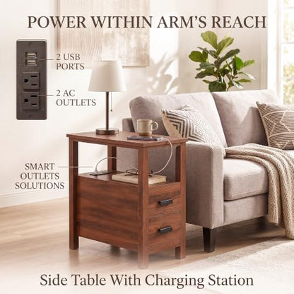 Narrow Nightstand with Charging Station, 24.4" H Slim Side Table with 2 Drawers, Bedside Table for Small Spaces, Modern End Table with Low Profile Legs (Walnut) - color: Walnut