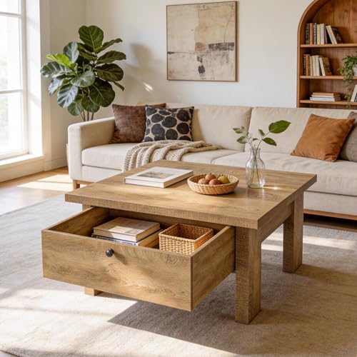 Tribesigns 31.5" Coffee Table, Farmhouse Coffee Table with Storage Drawer, Square Center Table for Living Room & Small Spaces, Brown