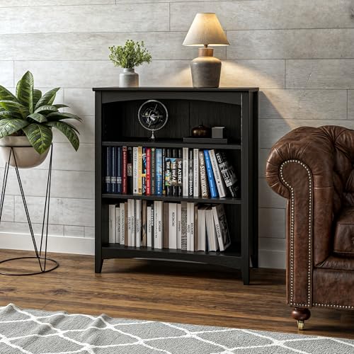 Camaflexi Shaker Style 3 Shelf Bookcase/Solid Wood / 36" High/Adjustable Shelving/Closed Back/Display Bookshelf for Living Room, Bedroom, Home and Office, Black - color: Black, size: 36"