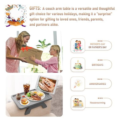 SINWANT Couch Armrest Table,Bamboo Couch Arm Tray with 360° Rotating Phone Holder,Anti Slip Foldable Sofa Arm Tray for Eating Drinking Snacks Remote on Armrest 15.35"x9.85" - color: Gray