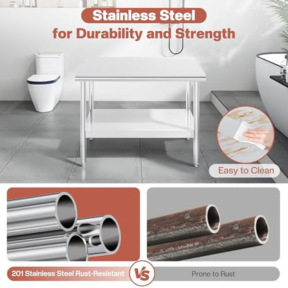 Jocisland 30" x 48" Stainless Steel Table for Prep & Work, Food-Grade Stainless Steel Adjustable Under Shelf and Feet, for Commercial Kitchen, Restaurant, Hotel, Garage - size: 30x48 in, style: Rounded Table Corner