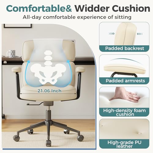 OLIXIS Ergonomic Home Office Desk Chair, PU Leather Computer Chair with Lumbar Support Adjustable Height Rolling Swivel Executive Task Armrests, Off-White - color: Off White