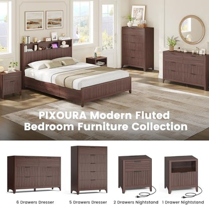 Fluted Nightstand with Charging Station, 21" Wide Modern Bedside Table with Storage Drawer, Wide Open Shelf & Curved Corner, Mid Century Night Stand End Side Table for Bedroom, Walnut