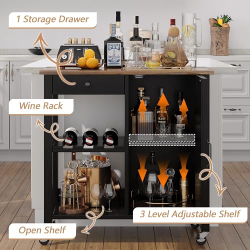 Small Kitchen Island Cart on Wheels with 31.4'' Wood Tabletop, Black | Farmhouse Rolling Kitchen Island with Storage, Lockable Wheels, Drawer, Adjustable Shelf and Wine Rack for Dining Room - style: Black