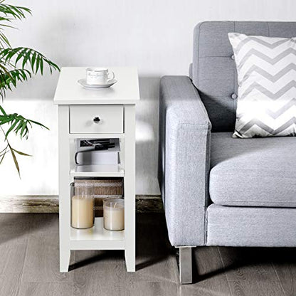 Giantex Narrow End Table Set of 2, Small Side Table with Drawer and Shelf, Wood Accent Sofa Table, Skinny Nightstand for Small Space Living Room Bedroom, White - color: White