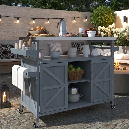 Merax 50" Outdoor Kitchen Grill Cart Island on Wheels with Stainless Steel Top,Farmhouse Style Solid Wood Frame Storage Cabinet - color: Grey Blue