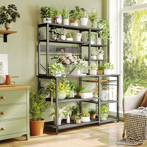 SUPERJARE Larger Bakers Rack with Power Outlets, 6-Tier Microwave Stand, Coffee Bar with 12 S-Shaped Hooks, Kitchen Shelf with Wire Basket, 47.2 x 15.5X 66.9 Inches, Grey - color: Charcoal Gray, size: 47.2inch