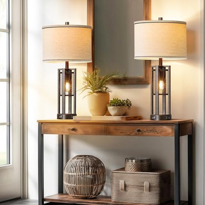 28'' Farmhouse Industrial Table Lamp Set of 2 - Rustic Bedside Nightstand Lamps with Dual USB A+C Ports, Bronze Metal Mesh Nightlight Desk Lamps for Bedroom Living Room, 4 LED Bulbs Included - color: Bronze-Set of 2