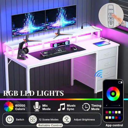 47" Computer Desk with Power Outlets and LED Lights, White | Gaming Desk with Drawers and Monitor Stand, Reversible Home Office Desk for Working Writing Study