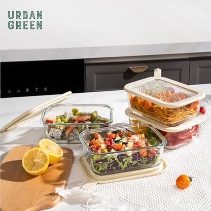 Urban Green Glass Food Storage Containers with Glass Lids, Microwave Safe Food Container Set, Airtight Meal Prep Containers, LeakProof, 100% Plastic Free, 6 Pack - color: ‎Ivory White -6p