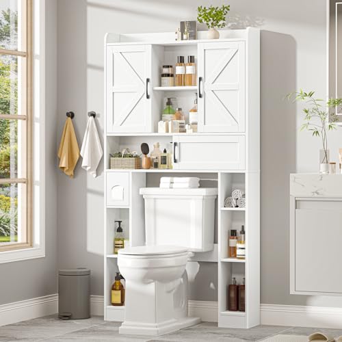 Vabches Over The Toilet Cabinet with 2 Barn Doors & Sliding Door,White | Farmhouse Toilet Cabinet Rack with Toilet Paper Holder Stand & Adjustable Shelf, Organizer for Restroom, Bathroom, Laundry - color: Cream White