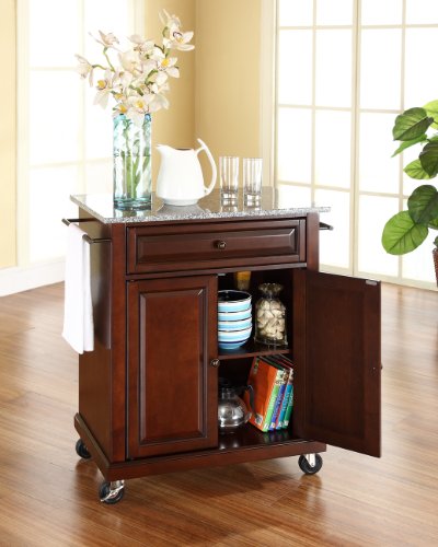 Crosley Furniture Compact Granite Top Small Rolling Cart with Shelves, Microwave Stand with Towel Rack, Mahogany - color: Mahogany, style: Gray Granite Top