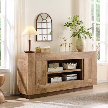 OKD Modern 70" TV Stand, Entertainment Center for TVs Up to 80", Media Console with Large Open Storage & Side Cabinets, Thick Wood Design for Living Room, Light Knotty Oak - color: Light Knotty