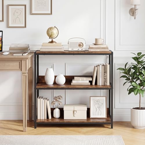 Tangkula 3-Tier Bookshelf, Industrial Small Bookcase with Wooden Shelves and Metal Frame, Rustic Open Display Shelf Storage Organizer for Living Room and Home Office (Rustic Brown, 1 Pack)