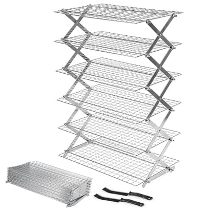 6 Tier Upgraded Collapsible Cooling Rack with Adjustable 3 Setting Design, Stackable Baking Rack with Clean Brush, Roasting Cooking Drying Wire Cooling Rack for Cookies Baking Roasting ＆ Grilling - color: Silver