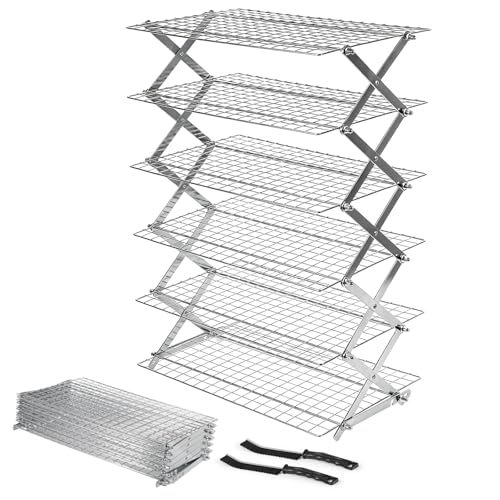 6 Tier Upgraded Collapsible Cooling Rack with Adjustable 3 Setting Design, Stackable Baking Rack with Clean Brush, Roasting Cooking Drying Wire Cooling Rack for Cookies Baking Roasting ＆ Grilling - color: Silver