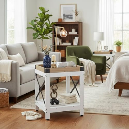 Farmhouse Square Side Table,2-Tier End Table with Storage Shelf | Modern Sofa Couch Table Bedside Nightstand With X-Frame for Living Room Bedroom Office Small spaces,White+Oak - color: White+oak, style: Farmhouse
