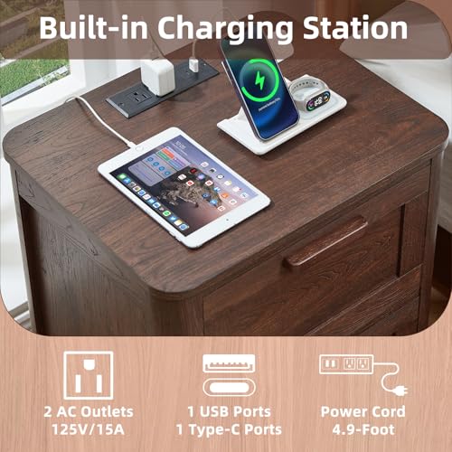Joaxswe Farmhouse Night Stand with Charging Station, End Tables Bedroom with 2 Large Drawers & 4 Thickened Table Legs, Walnut - color: Walnut, size: 16"D x 19.7"W x 23.6"H (2 Drawers)
