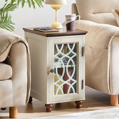 Joaxswe Narrow Side Table with Glass Door, 18 x 14'' Night Stand with Adjustable Shelf Storage Cabinet Organizer, Bedside End Tables Wood Nightstand for Small Spaces Living Room Bedroom - color: Antique White, size: without Charger