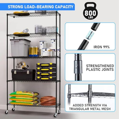 Simple Deluxe 5-Tier Storage Shelves, 21" W x 12" D x 54" H Adjustable Heavy Duty Wire Metal Shelving Unit, Black - color: Black, size: 5-Tier, 21"W x 12"D x 54"H