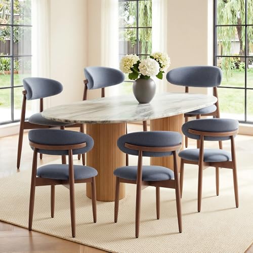 COLAMY Mid-Century Modern Wooden Dining Chair Set of 6, Indoor Upholstered Kitchen Chairs with 2.6" Cozy Padded Seat, Walnut Finish Side Dining Chair, [Blue] - color: Blue, size: 6 Chairs