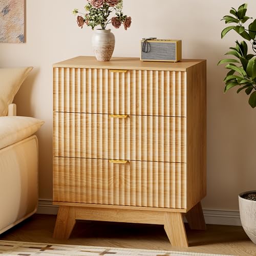 BORNOON Fluted Night Stand with 3 Drawers, Modern Bedside Table Dresser with Gold Handles, End Side Table Storage Cabinet for Bedroom - color: Oak, size: Standard