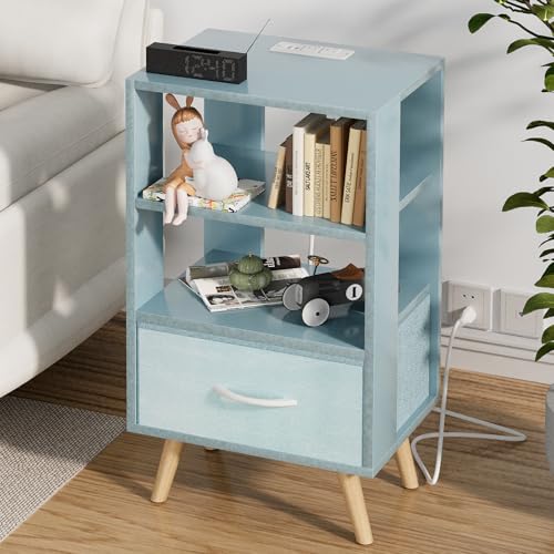Aenuert Night Stand with Charging Station, Blue Nightstand with Drawer, 3-Tier Wooden Bedside Table with USB Ports and Outlets, End Table for Small Space, Living Room, Bedroom - color: Blue, size: 3-Tier with Charging Station