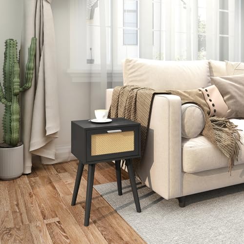 LAATOOREE Nightstand Set of 2, Small End Table with Rattan Door, Bedside Table with Solid Wood Feet, Boho Side Table for Bedroom Living Room Small Space, Black - color: Black, style: Boho Style
