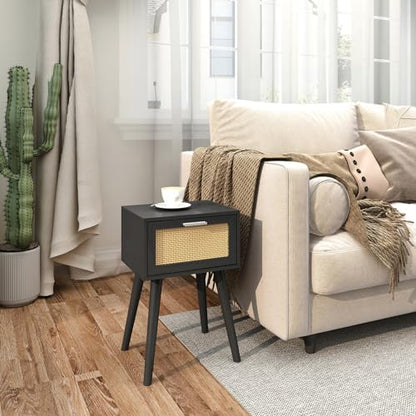 LAATOOREE Nightstand Set of 2, Small End Table with Rattan Door, Bedside Table with Solid Wood Feet, Boho Side Table for Bedroom Living Room Small Space, Black - color: Black, style: Boho Style