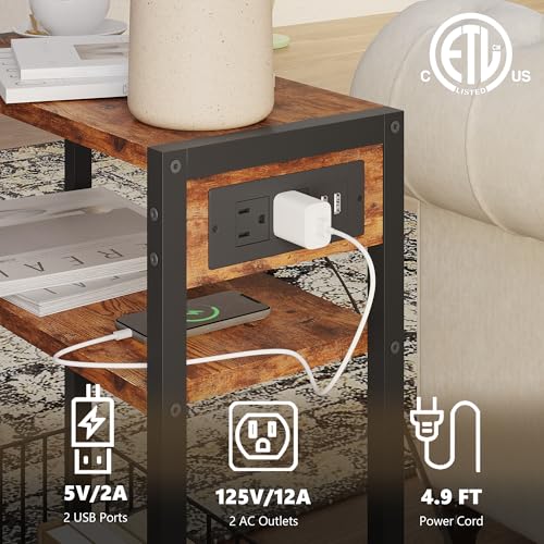TRIFEBLE Narrow Side Table with Charging Station, Small End Table for Small Spaces, Slim Nightstand with Storage Basket, 3 Tier Skinny Bedside Table for Living Room, Bedroom, Rustic Brown - color: Rustic Brown, style: With Basket & Power