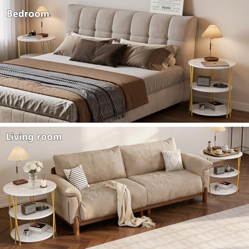 23 Inch Round Side Table 3-Tier End Table Living Room Small Patio Table Nightstands Round Coffee Table Spacious Top for Couch Bedroom 3 Storage Shelves Accent Coffee Table, Marble White - color: Marble White