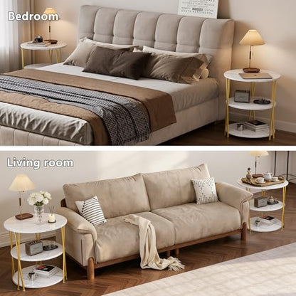 23 Inch Round Side Table 3-Tier End Table Living Room Small Patio Table Nightstands Round Coffee Table Spacious Top for Couch Bedroom 3 Storage Shelves Accent Coffee Table, Marble White - color: Marble White