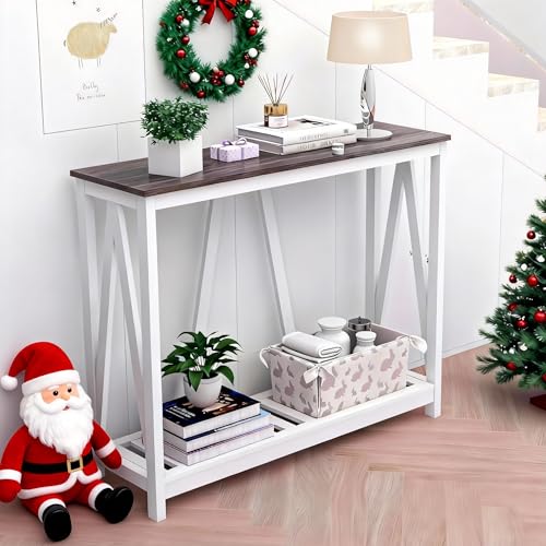 Farmhouse Console Table with Shelf, 39.3" Narrow Entryway Table, Dark Oak | Farmhouse Style Grey Oak Top White V‑Shape Frame Slat Shelf Storage 39.3" Narrow Anti‑Tip Legs sofa table - color: Dark Oak