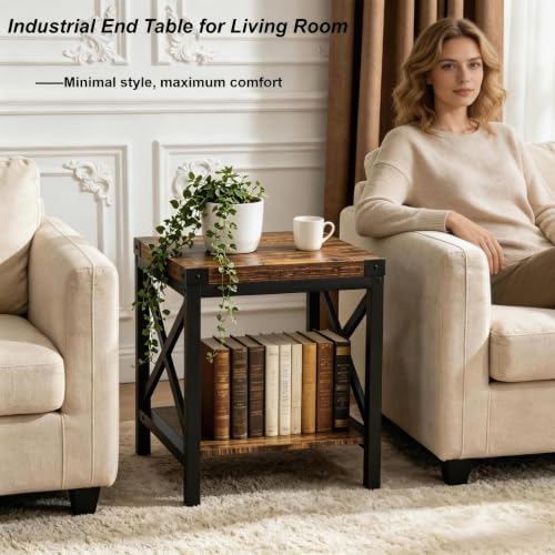Industrial End Table for Living Room, 18" Large Square Side Table with 2-Tier Storage Shelf, X-Design Metal Frame, Rustic Brown Modern Farmhouse Nightstand Bedside Table for Bedroom Office