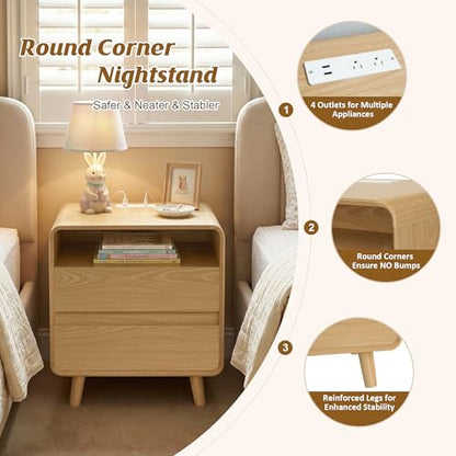 Nasonet Modern Nightstand with Charging Station, Wood End Tables Bedroom Nightstands with Drawers, Wide Curved Bedside Table for Kids Bedroom, Living Room, Oak - color: Oak, size: 2 Drawers