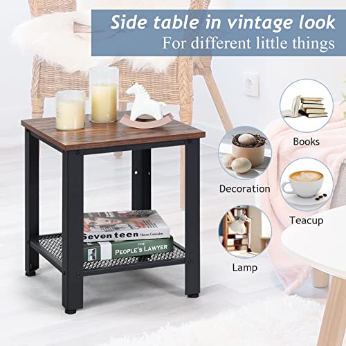 Small Side Table, 2-Tier End Table with Mesh Shelves & Metal Frame, Industrial Sofa Side Table w/Adjustable Feet for Living Room, Nightstand for Small Space, Dorm, Bedroom (1)