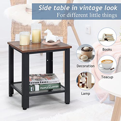 Small Side Table, 2-Tier End Table with Mesh Shelves & Metal Frame, Industrial Sofa Side Table w/Adjustable Feet for Living Room, Nightstand for Small Space, Dorm, Bedroom (1)