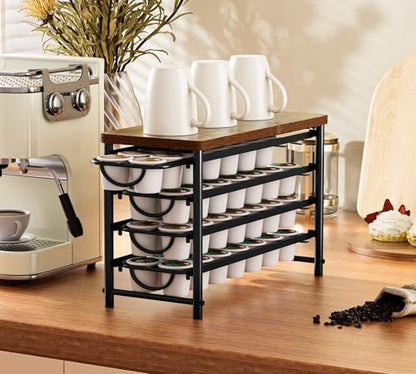 HFHOME Coffee Pod Holder with Wooden Top, Compatible with K-Cups, 4-Tier Coffee Capsule Storage Drawer, 56 Capacity Pods Organizer for Kitchen Counter, Home, Office, Black - color: Black-56 Pod