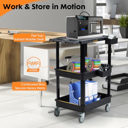ELAFROS 3-Tier Flat Top & Deep Tub Rolling Utility Cart, 27.5 x 18.25 in | 330 lbs Capacity, Heavy Duty Plastic, 4-Inch Wheels, Service Cart, Work Cart, Storage Organizer, Office Workshop Warehouse