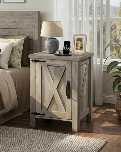 WLIVE Farmhouse Nightstand with Charging Station, End Table with Barn Door and Adjustable Storage Shelf, Rustic Wood Night Stand, 18" Modern Bedside Table for Bedroom, Greige - color: Greige