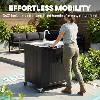 Feasto Outdoor Kitchen Island with Stainless Steel Sink and Storage Cabinet, 35-Inch BBQ Prep Station with Faucet & Lockable Wheels for Patio, Backyard, and Outdoor Cooking, Black & Silver - size: Outdoor Kitchen Sink Station
