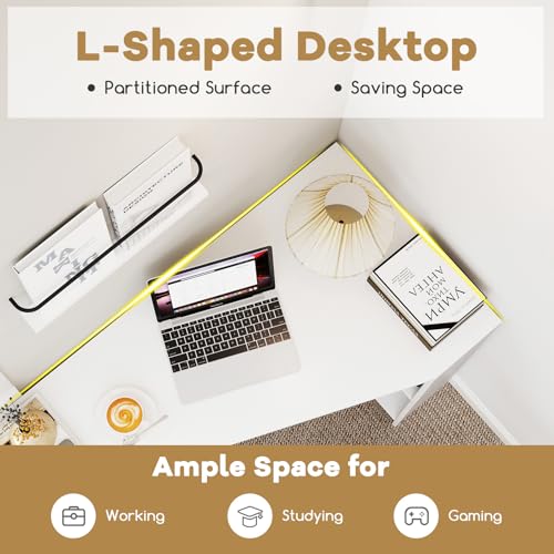 Giantex White Desk with Drawer, 48 Inch Corner Desk with Storage Shelves, Laptop PC Table for Workstation, Vanity Table for Bedroom, Modern Wood Executive Study Writing Table for Small Space