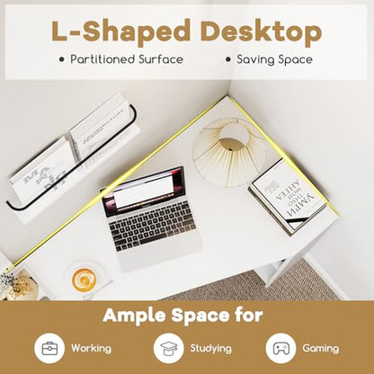 Giantex White Desk with Drawer, 48 Inch Corner Desk with Storage Shelves, Laptop PC Table for Workstation, Vanity Table for Bedroom, Modern Wood Executive Study Writing Table for Small Space
