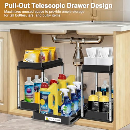 NIUXX Expandable Under Sink Organizer: 2 Tier Height Adjustable Under Cabinet Organizer - Double Pull Out Shelf Under Sink Storage for Kitchen - Bathroom and Laundry Room - Space Saving - size: 27.9"L x 15.51"W-Height adjustable