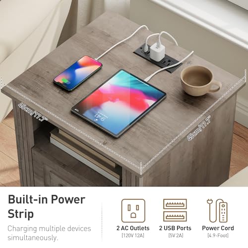 RALGEND Farmhouse Nightstand with Charging Station, Night Stand with 2 Drawers, End Tables Living Room, LED Bed Side Table with Open Shelf, End Table for Bedroom, Living Room, Greige - color: Greige