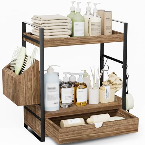 2-Tier Bathroom Counter Organizer, Wooden Vanity Shelf with Drawer & Basket | Pre-Drilled Holes, Skincare & Makeup Countertop Organizer and storage, Dark Brown - color: Dark Brown