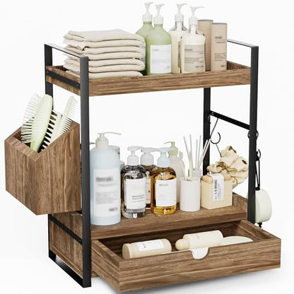2-Tier Bathroom Counter Organizer, Wooden Vanity Shelf with Drawer & Basket | Pre-Drilled Holes, Skincare & Makeup Countertop Organizer and storage, Dark Brown - color: Dark Brown