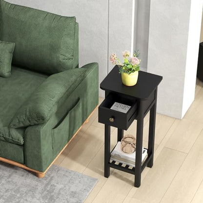 Tangkula 2-Tier Narrow Side Table with Drawer, Acacia Wood Tall End Table for Small Spaces, Farmhouse Slim Bedside Table with Open Shelf, Nightstand for Living Room, Bedroom, No Assembly (2, Black) - color: Black